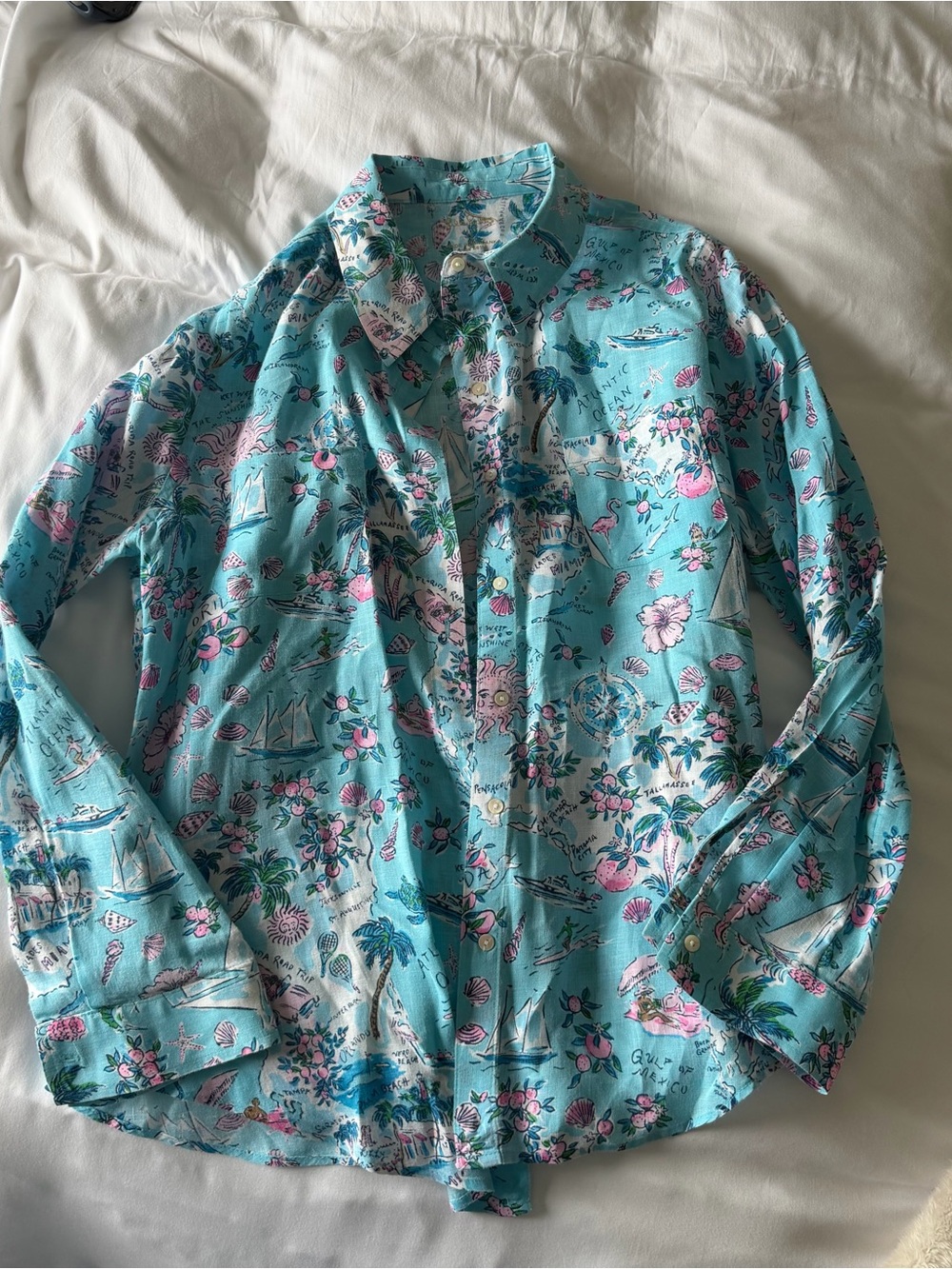 Lilly Pulitzer Women’s Blue Linen Florida Themed Button Down L